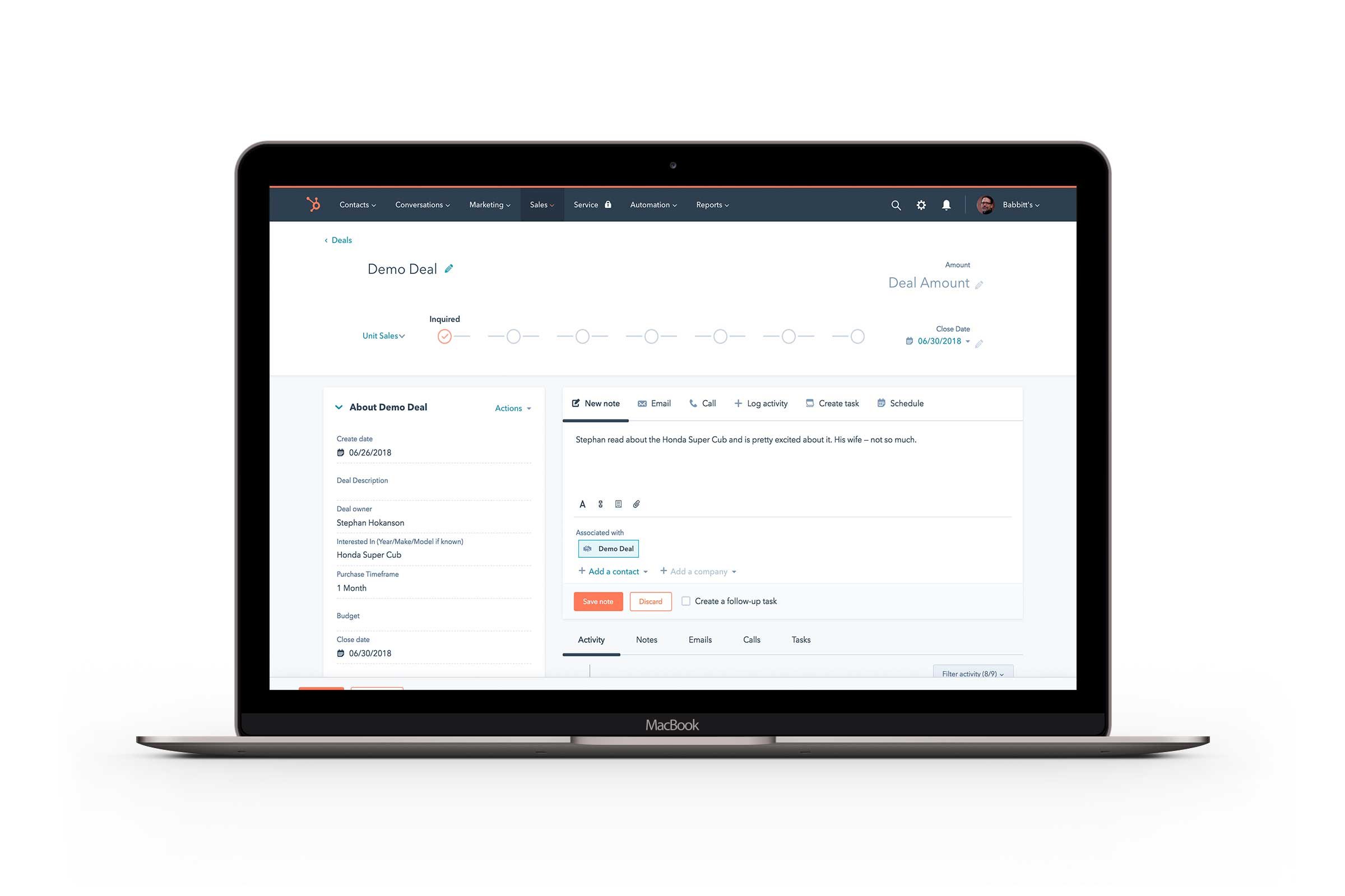 A sample screen from Babbittt's HubSpot Sale Pro portal.