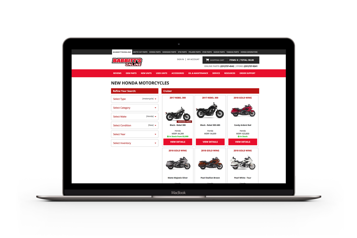 Babbitts Sports Center sells motorcycles, ATVs, and snowmobiles 
